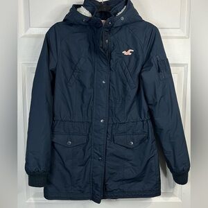 Hollister Women's California All-Weather hooded blue parka jacket - Size Small